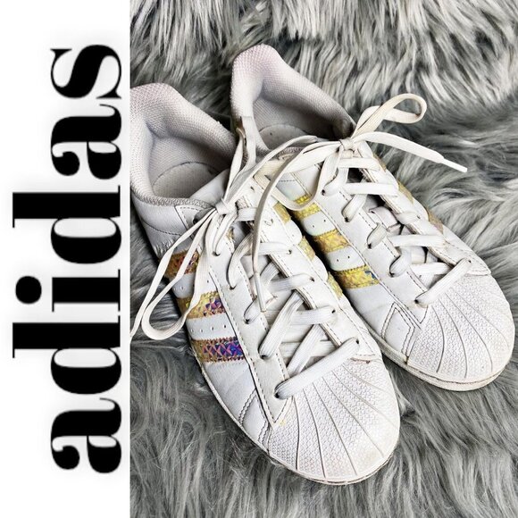 ADIDAS Superstar Sneakers White Leather Gold Metallic Stripes and Heel, Size 5.5 - Picture 1 of 10